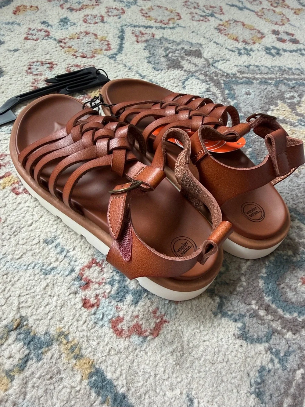 wonder nation Brown Braided T-Strap Kids Sandals